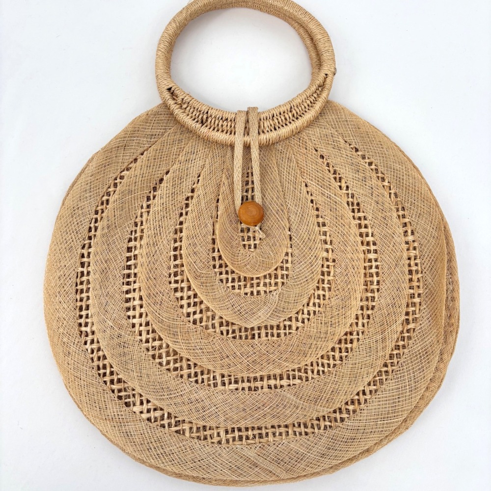 Handmade Woven Straw Circle Bag Tiered Teardrop Boho Tote Tan